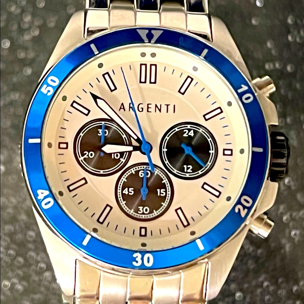 Argenti Acropolis Chrono Watch SS Bracelet, White Dial, Blue Aluminum Top Ring